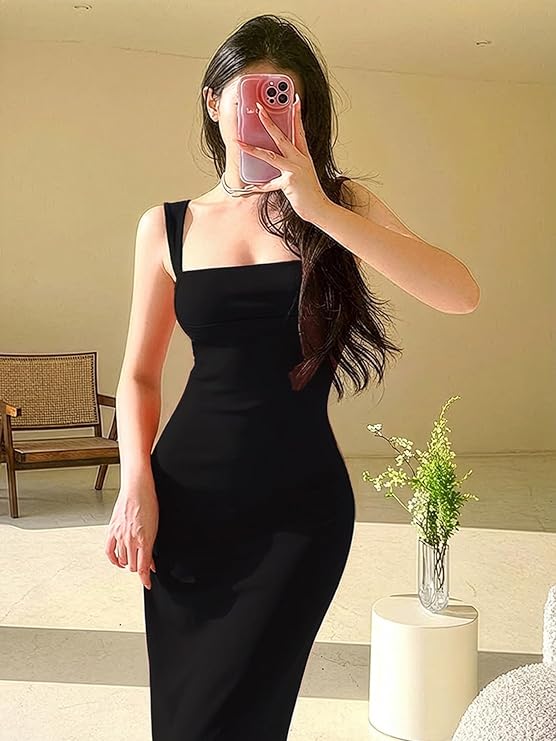 Aahwan Solid Bodycon Square Neck Long Party Dress for Women's & Girl's - Image 2