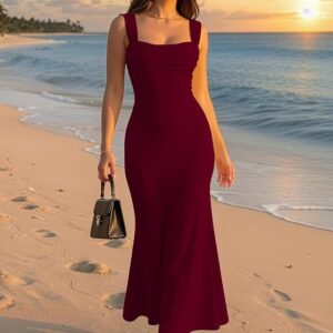 Aahwan Solid Square Neck Bodycon Mermaid Hem Sleeveless Birthday Dress for Women’s & Girl’s