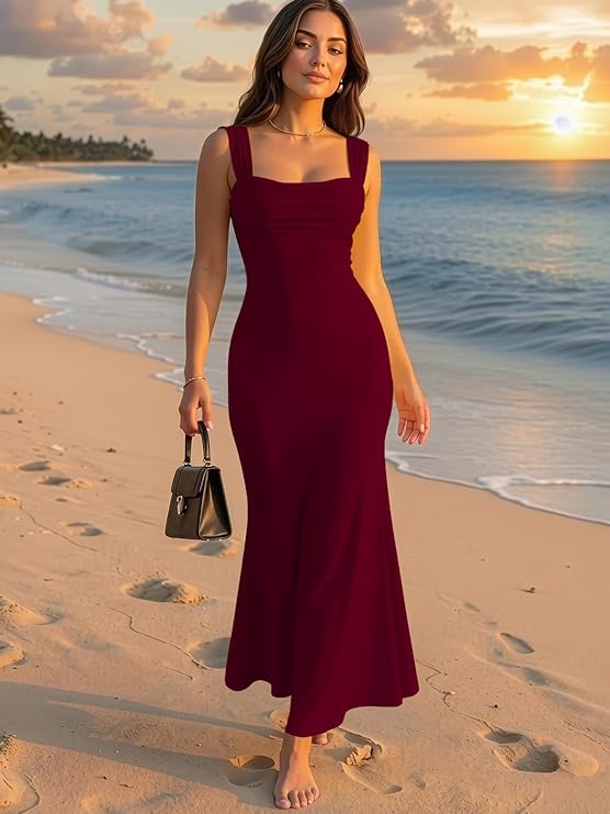 Aahwan Solid Square Neck Bodycon Mermaid Hem Sleeveless Birthday Dress for Women's & Girl's